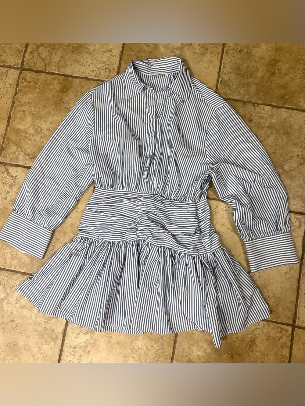 Ronny Kobo x FashionPass Brenda Dress Blue White Stripe Ruched Mini Shirtdress L